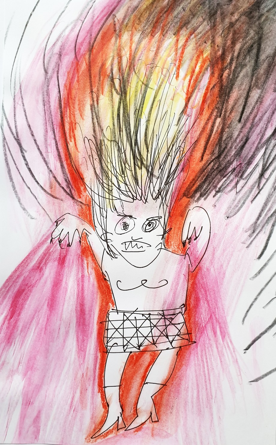 Zeichnung Sabine Kurpiers - Stilübungen, musikalisch - weiblicher Dämon mit feurigen fliegenden Haaren, gefletschten Zähnen und Schottenrock