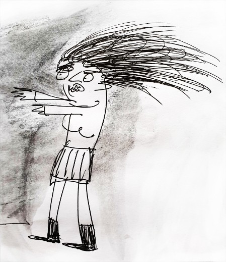 Zeichnung Sabine Kurpiers - Stilübungen, musikalisch - wandelnde Dämonin mit fliegenden Haaren und ausgestreckten Armen