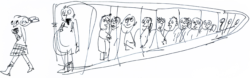 Zeichnung Sabine Kurpiers - Stilübungen, musikalisch - Mädchen verlässt die volle Straßenbahn, Dicker glotzt hinterher