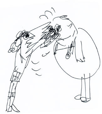 Zeichnung Sabine Kurpiers - Stilübungen, musikalisch - Mädchen haut dem verdutzten Dicken ins Gesicht