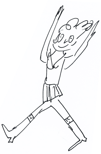 Zeichnung Sabine Kurpiers - Stilübungen, musikalisch - lächelndes Mädchen mit emporgereckten Armen