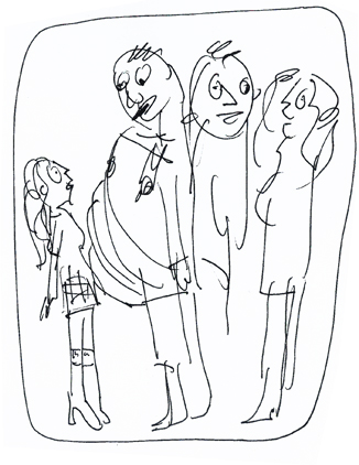 Zeichnung Sabine Kurpiers - Stilübungen, musikalisch - Mann, Mädchen und zwei Fahrgäste
