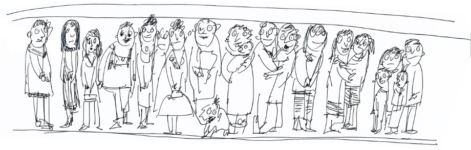 Zeichnung Sabine Kurpiers - Stilübungen, musikalisch - viele Fahrgäste in der Straßenbahn