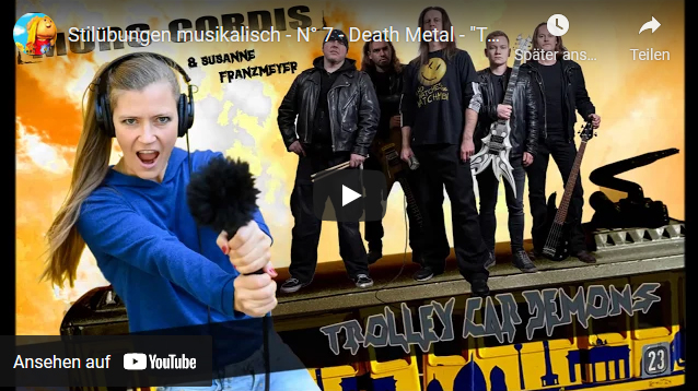 Video Vorschaubild Youtube Susanne Franzmeyer mit Mikrofon - im Hintergrund Death Metal Band Mors Cordis stehend auf einer Straßenbahn mit der Aufschrift "Trolley Car Demons"